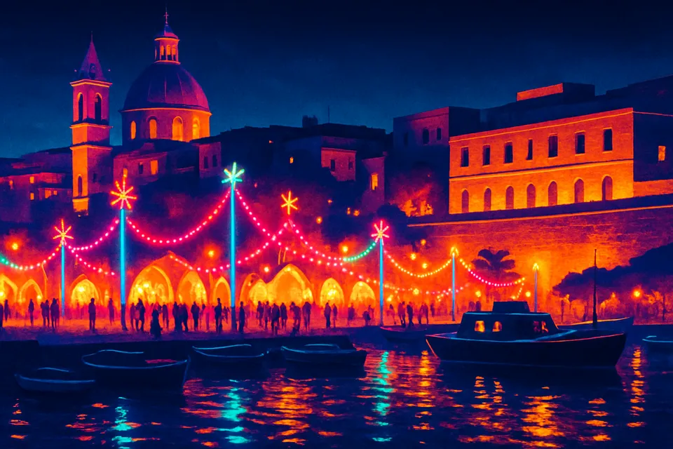 Illustration: A buzzing Malta beach club filled with friends and partygoers at sunset