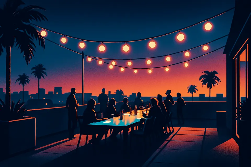 Illustration: A group of friends dancing at a sunset beach club, cocktails in hand