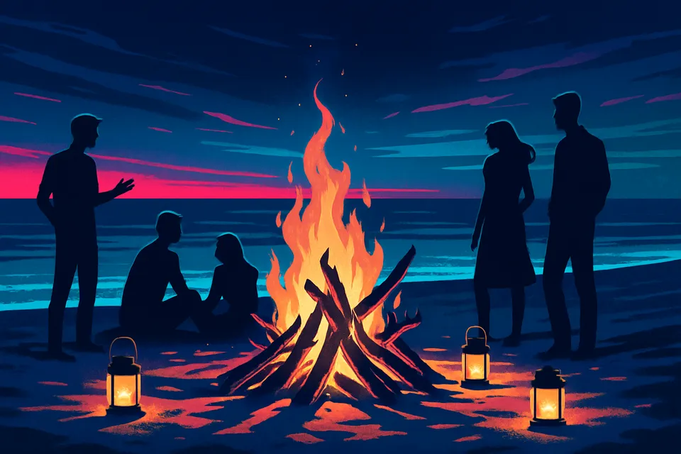 Illustration: A group of friends relaxing together on a sunny beach, with holiday bags and drinks