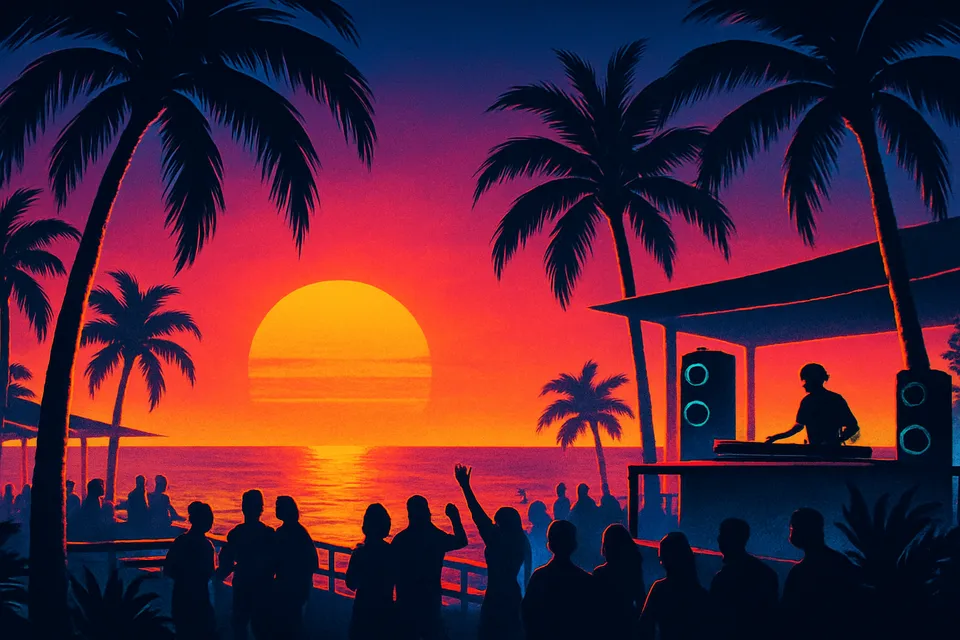 Illustration: Group of friends at an Ibiza beach club at sunset