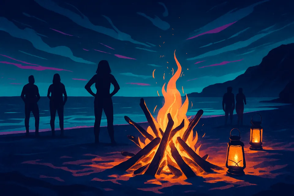Illustration: Group of friends relaxing at a beach club with a sunset view