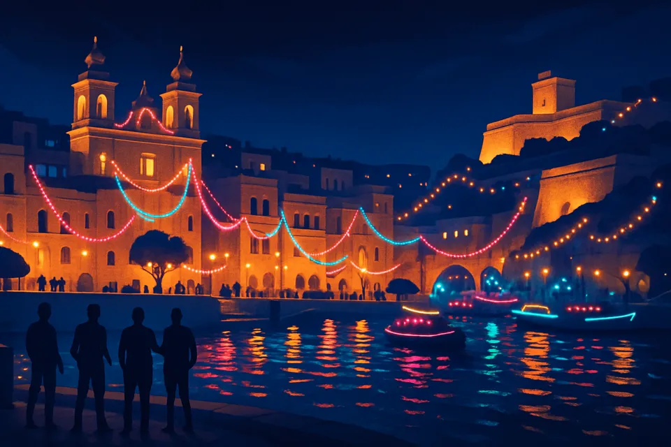Illustration: A group of friends at a stylish Malta beach club with clear blue water