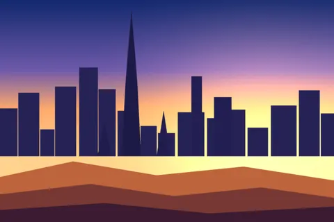 Dubai skyline with a tall tower at sunset