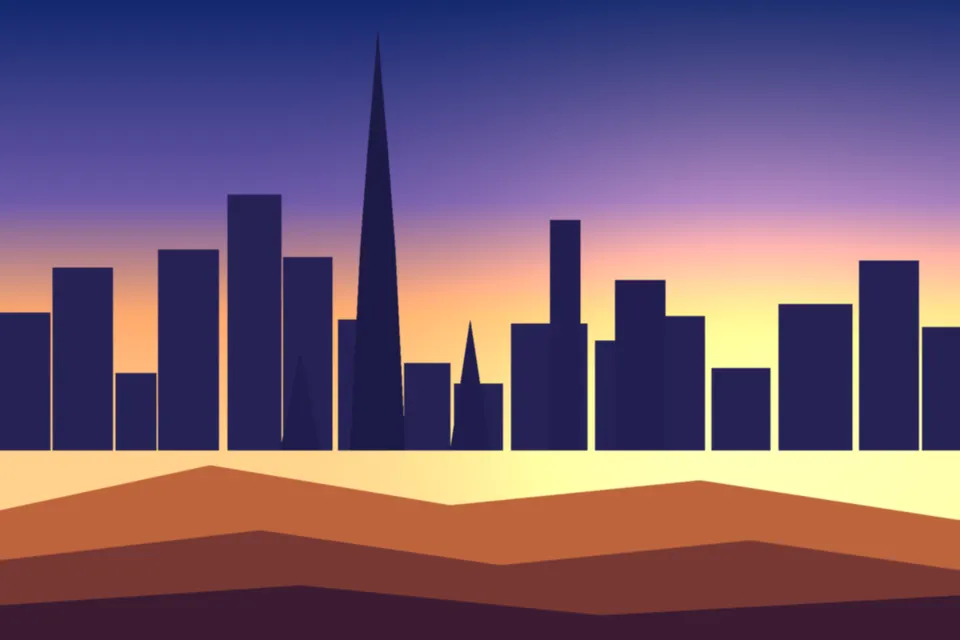 Dubai skyline with a tall tower at sunset
