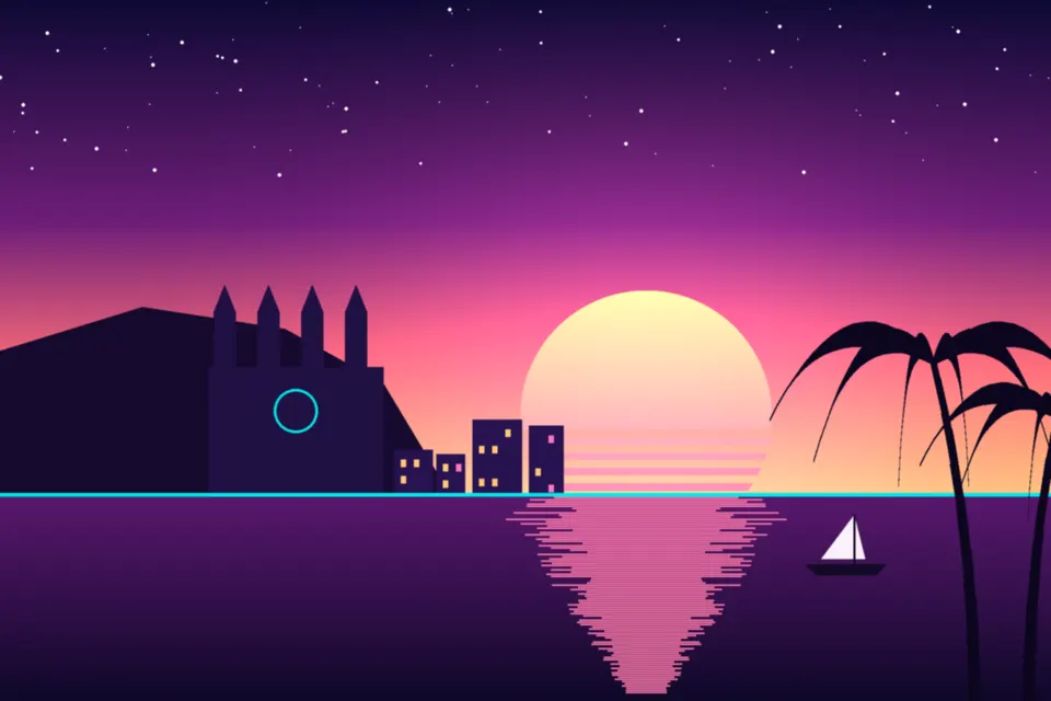 Illustrated Majorca sunset with Palma cathedral, mountains and a sailing boat