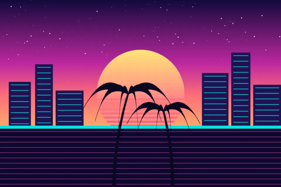 Miami Beach skyline at dusk with palm trees