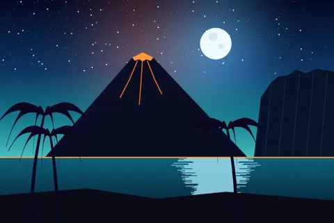 Illustrated Tenerife sunset with Mount Teide, the sea and palm trees