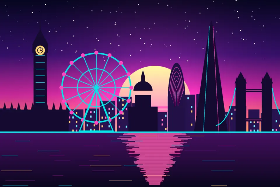 Illustrated London skyline at dusk with Big Ben, the London Eye, St Paul’s, the Shard and Tower Bridge